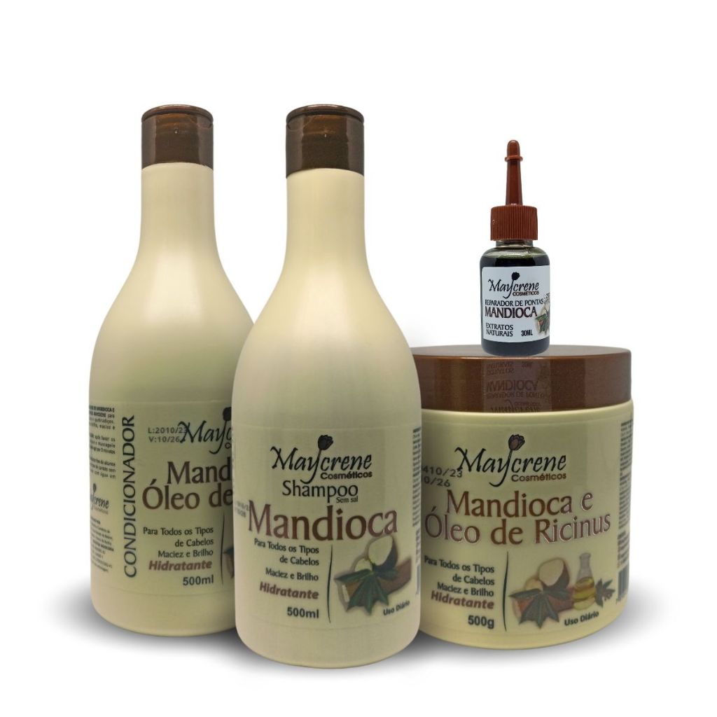 Kit Mandioca e Óleo de Rícino Fortalecimento 500ml Maycrene - 4 Produtos (Shampoo, Condicionador, Máscara e Óleo Reparador 30ml)