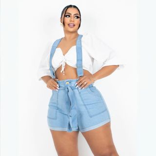 jardineira salopete Jeans feminina Plus Size Com Lycra