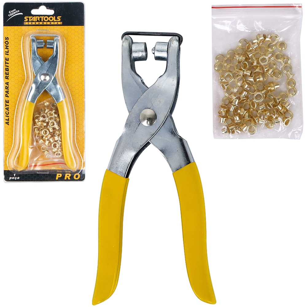 Alicate Para Colocar Ilhos Manual + 100 Ilhoses Dourados em Oferta na Shopee