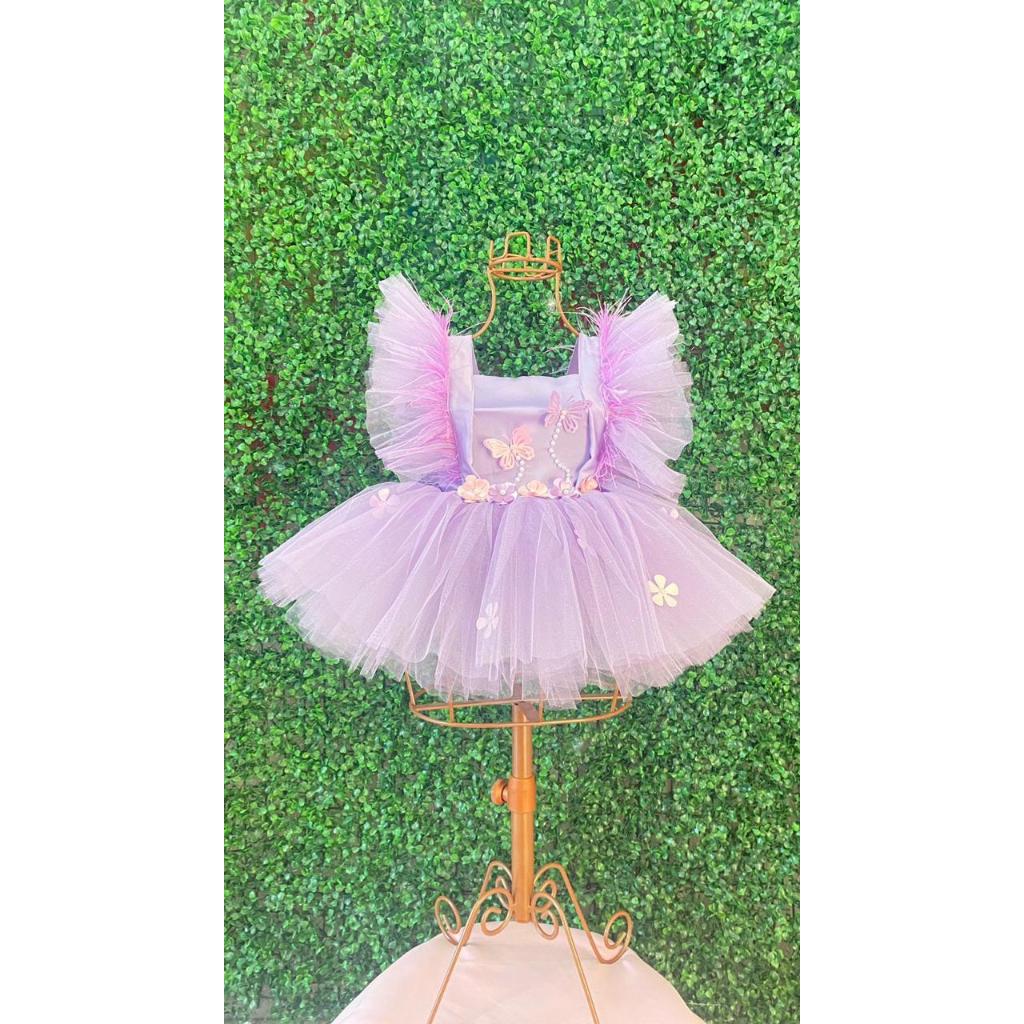 Vestido jardim encantado lilas com plumas luxo princesa linda roupa festa aniversario diversas cores