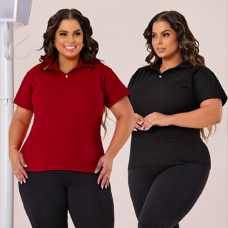 T-shirt Feminina Plus Size Gola Polo No Algodão Moda Casual