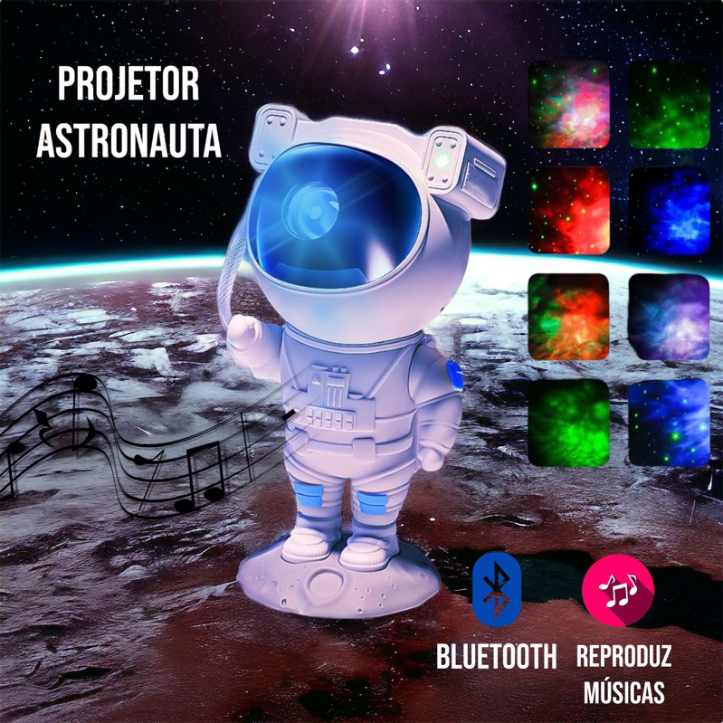 Luminária Astronauta Projetor Galáxia Led Nebulosa Estrelas e lua Caixa de Som Bluetooth Com Controle Remoto