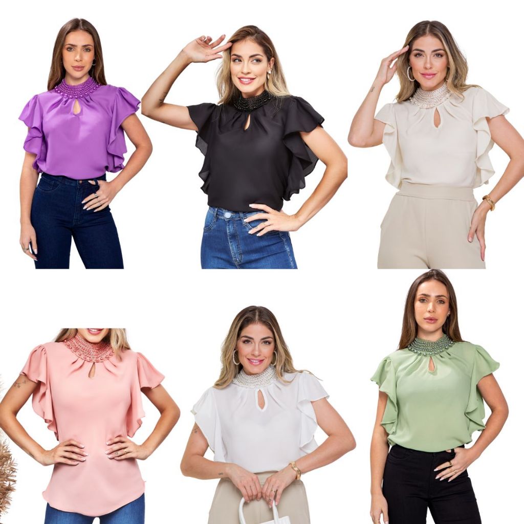 Kit 3 Blusa Social Gola Pérola Bufante Evangélica