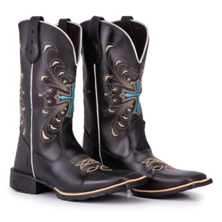 Bota Texana Feminina Country Bico Quadrado Cruz Azul Normal Black em Oferta na Shopee