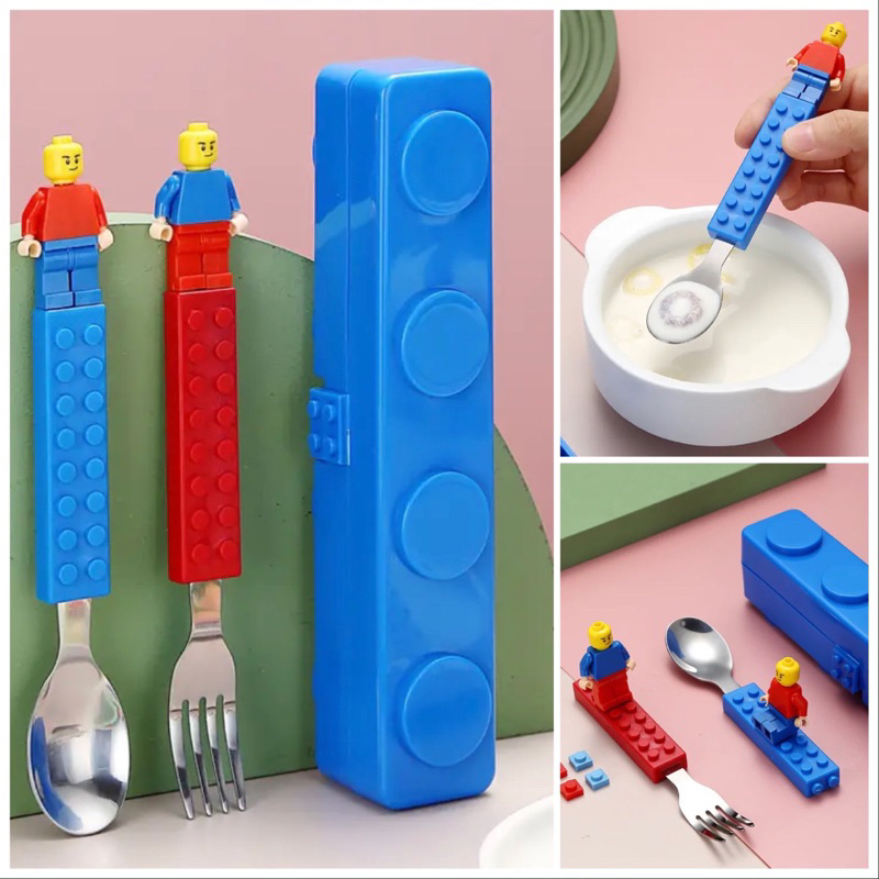 talher infantil/ conjunto: colher, garfo + caixa Lego