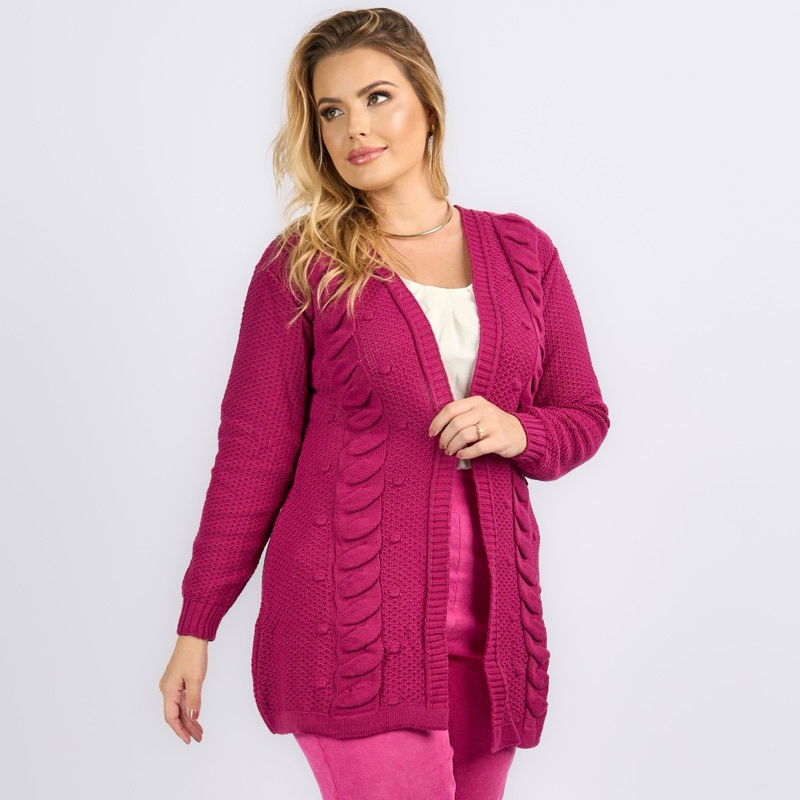 Casaco feminino cardigan trico kimono trança roupa de frio tricot
