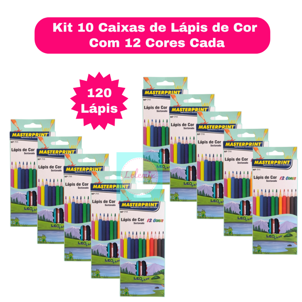 Kit 10 Caixas Lápis de Cor 12 Cores Sextavado Cores Vivas Atóxico Escolar Masterprint - 120 lápis