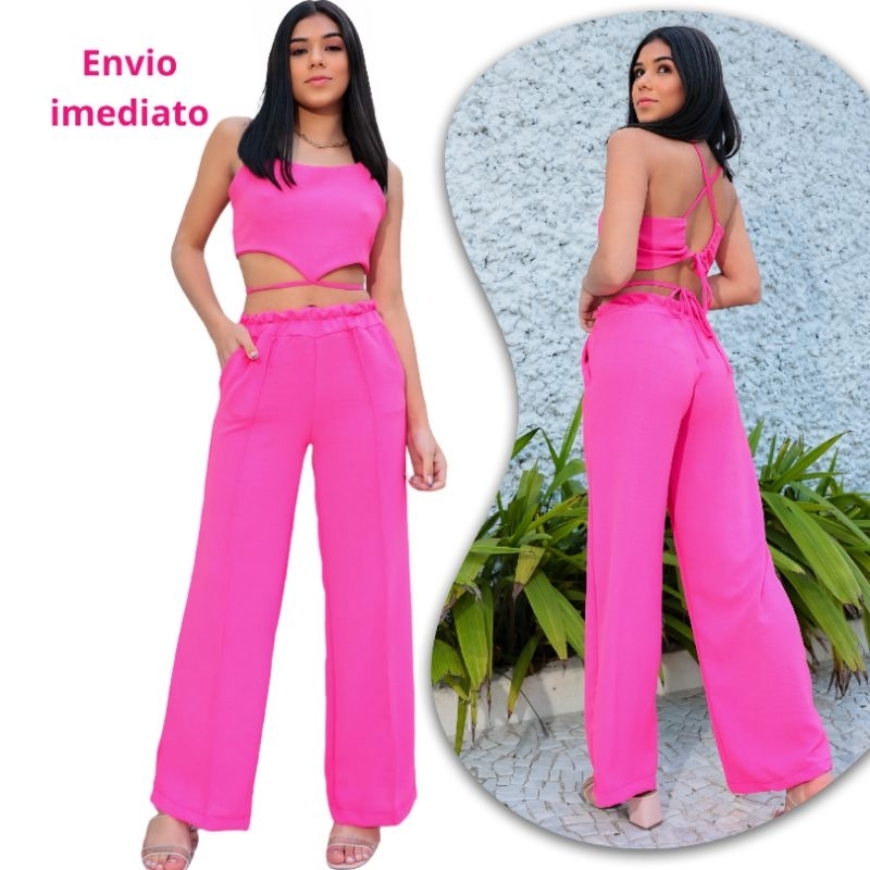 CONJUNTO JUVENIL MENINA pink top cropped calça pantalona tendência blogueirinha verão feminino infantil teen paty