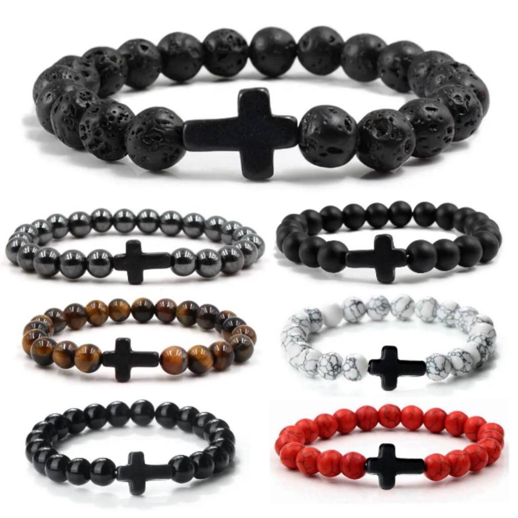 Pulseira Crucifixo Pedra Natural Vulcanica Howlita Hematita Olho de tigre Ajustável Fosca Brilhante  Abs Cruz Unissex