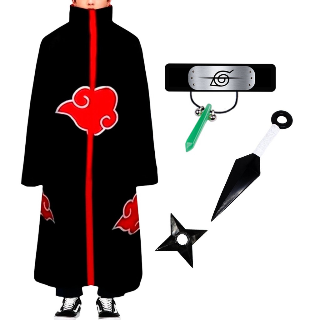 Kit Manto Akatsuki + Bandana Kunai Shuriken Colar - Naruto