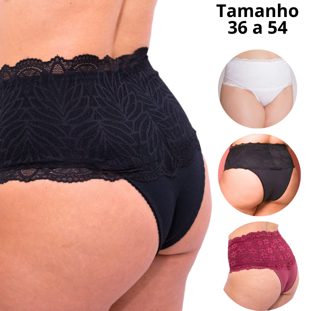 KIT 3 CALCINHA  CINTA RENDA COTTOM CALCINHA ALTA COMPRESSÃO PLUS SIZE MODELADORA  - Lafar