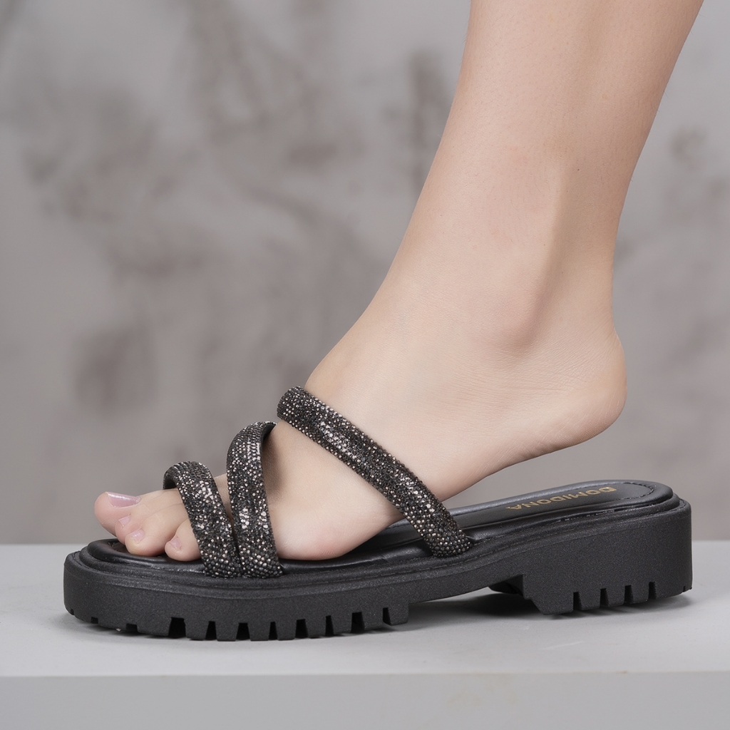 Sandália Feminina Domidona Tratorada Papete Flatform Tiras Strass