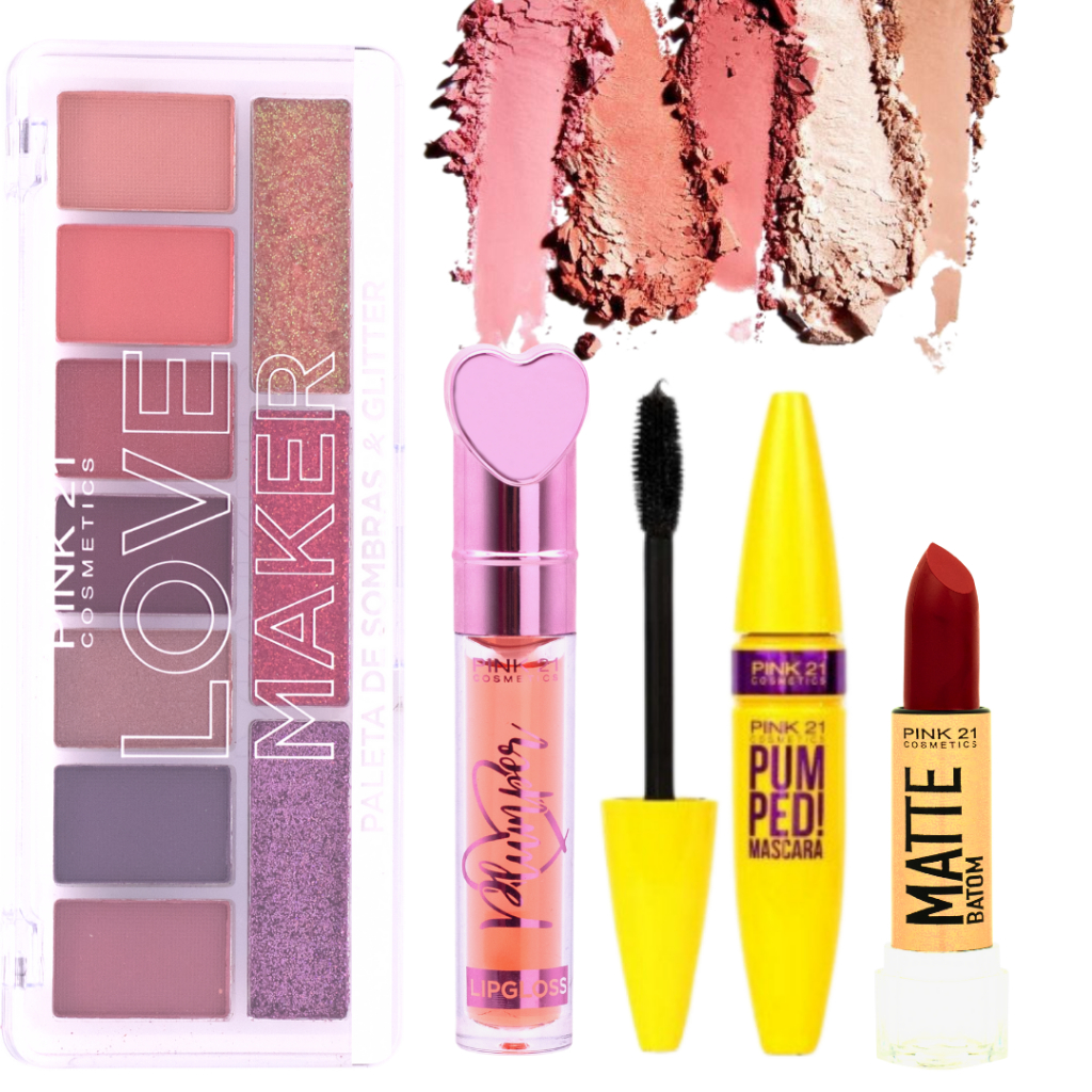 Kit De Maquiagem Paleta De Sombra Batom Gloss Rimel Pink21