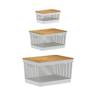 CONJUNTO CESTOS GRID C/TAMPA DE BAMBU 3UNIDADES OU