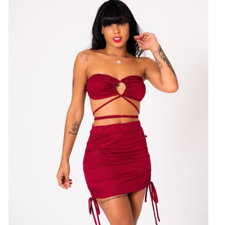 Conjunto Feminino Cropped Tomara Que Caia De Amarração Multiformas + Saia Canelada