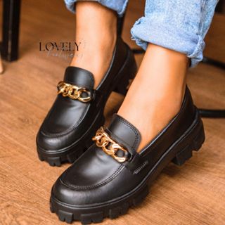 Mocassim Tratorado Feminino Corrente Preto Confortável em Oferta na Shopee