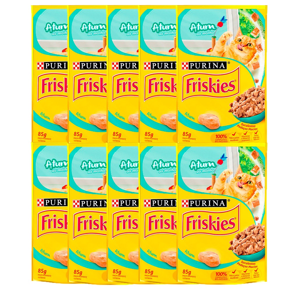 Kit com 10 Ração Úmida Sachê Friskies Gatos Adultos Atum Ao Molho 85g em Oferta na Shopee