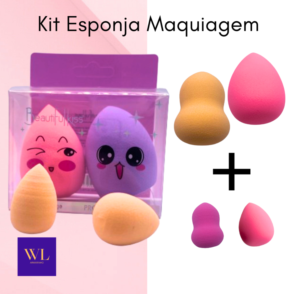 KIT 4 Esponjas Para Maquiagem/ Esponja de Rosto Facial Maquiagem Base e Corretivo 360, Gota d'água ou Chanfrado