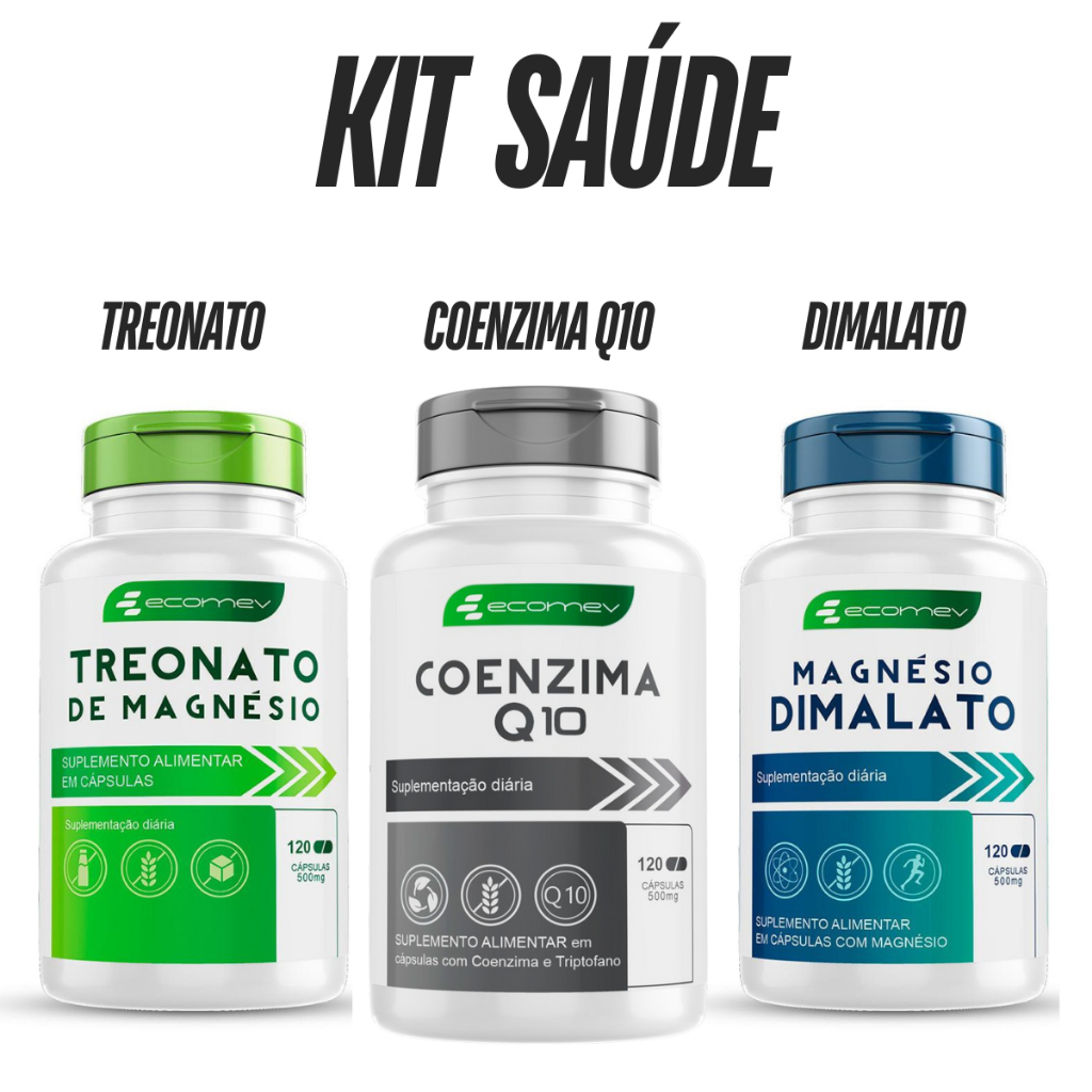 Kit Saude Magnesio Treonato Dimalato Coenzima Q10 Forma Pura Importada 500mg 360Cáps Ecomev