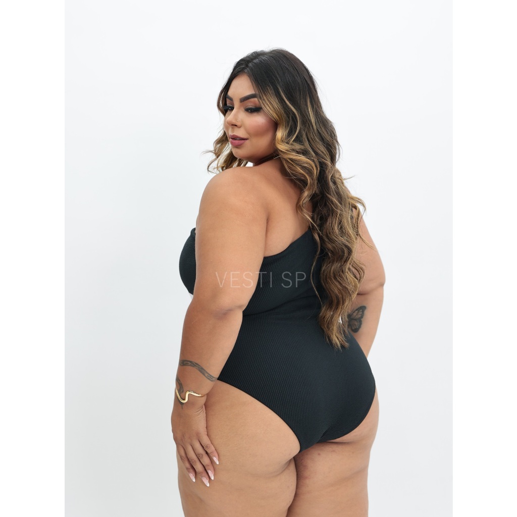 Maiô Plus Size Mula Manca Um Ombro Só Body Bicolor G1 e G3