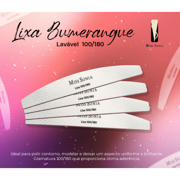 Lixa Boomerangue 100/180 Kit 2 - 5  Lixas Lavavel Miss Sonia Acrigel Fibra de Vidro Porcelana 100/180 Lixa de Qualidade