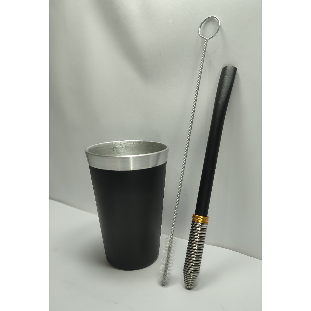 Kit Tereré: Copo Cuia De Alumínio Style 200ml + Bomba Mola Cônica PRETA e Escovinha Higienização