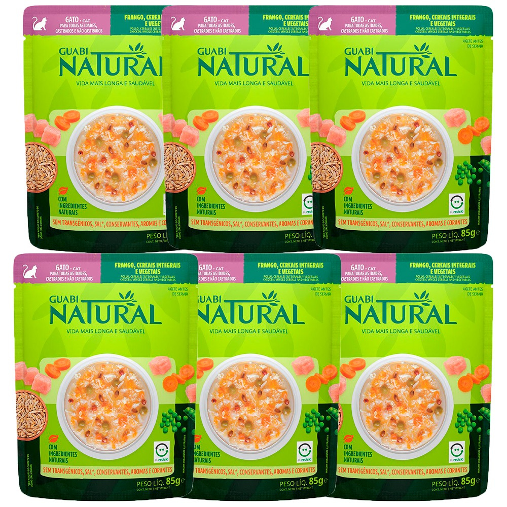 Kit com 6 Ração Úmida Gatos Adultos Guabi Natural Frango Cereais 85g em Oferta na Shopee