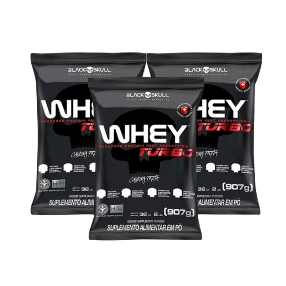 3x Whey Protein Turbo Refil - 907g Cada - Caveira Preta / Black Skull