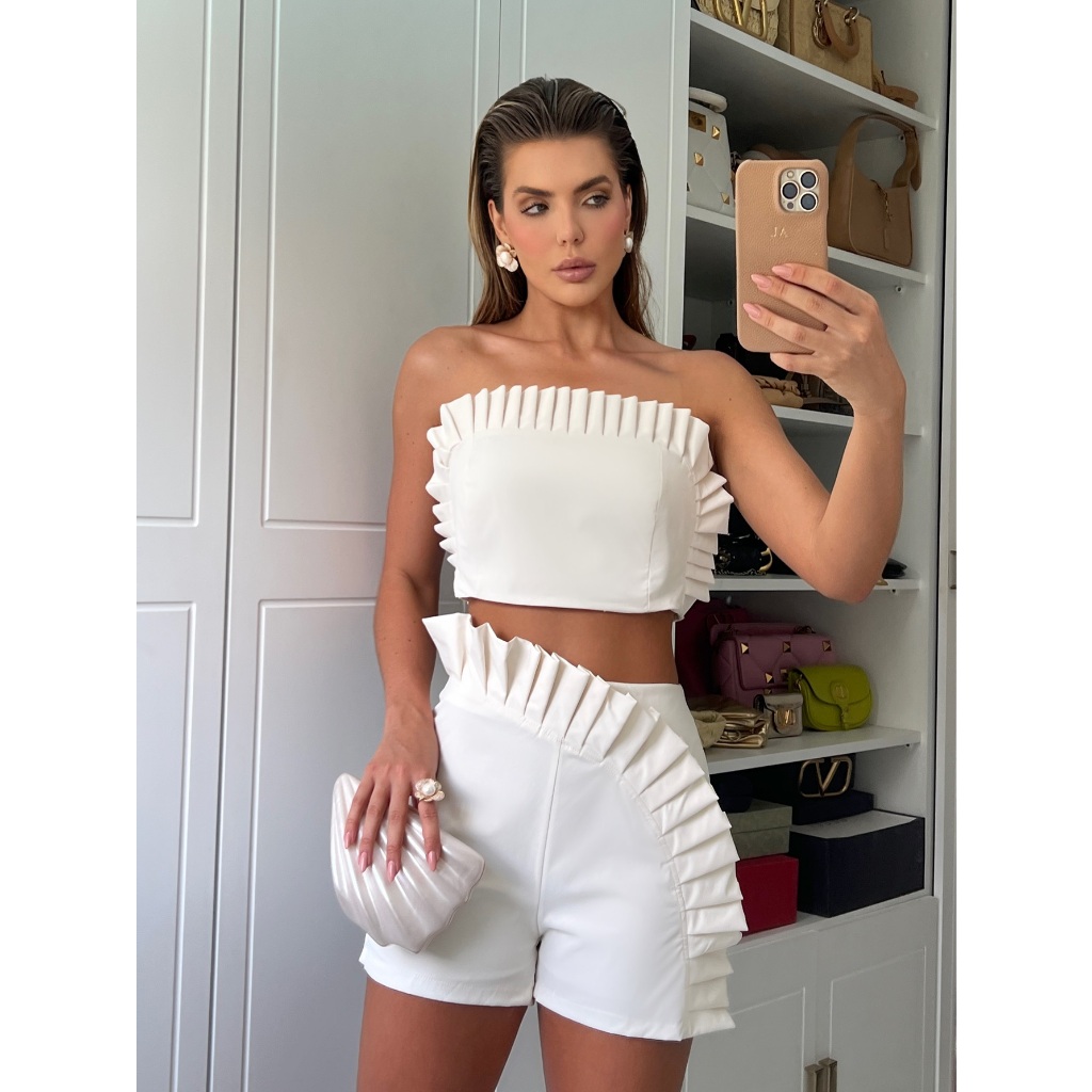 EMILI Conjunto Plissado Cropped e Short Elegante/ Cropped Sem Alça/ Plissado Short/ Fechamento Ziper Atrás-- #9369 em Oferta na Shopee