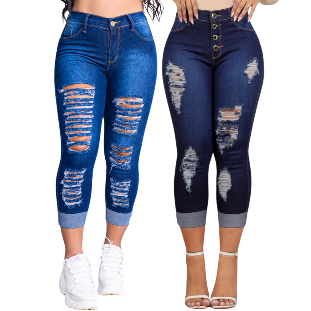 Calças Capri Rasgadas Jeans Com Lycra