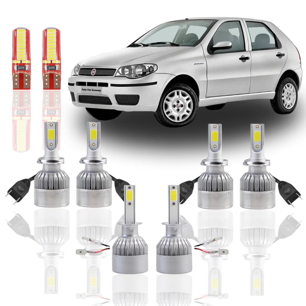 KIT Lâmpada led (Farol Baixo Alto Milha Farolete) FIAT PALIO G1 G2 G3 G4 1996 a 2012  Lâmpada Super Led H1 H7 H7 T10
