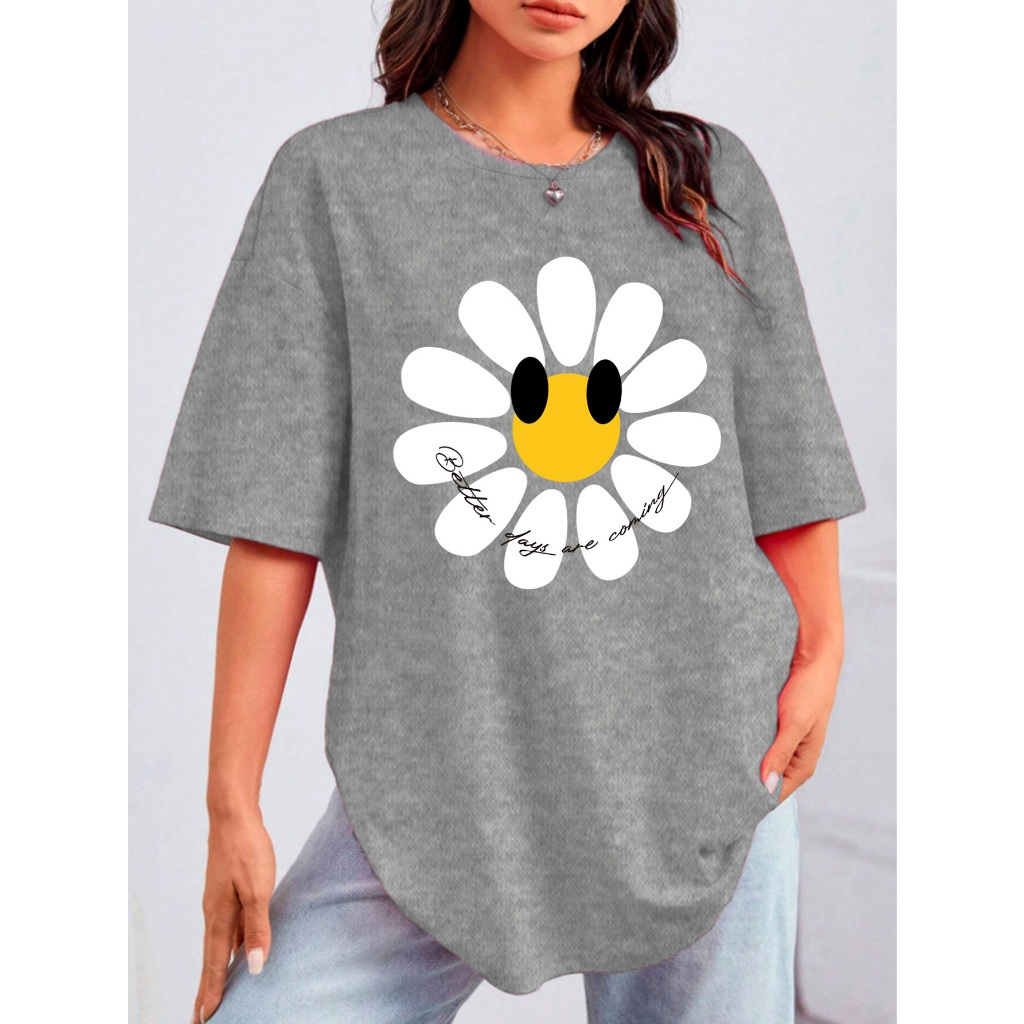 Blusa Aesthetic Confortável Moderna Divertida Estampa Animada Flor Oversized Mescla Cinza Fitness T