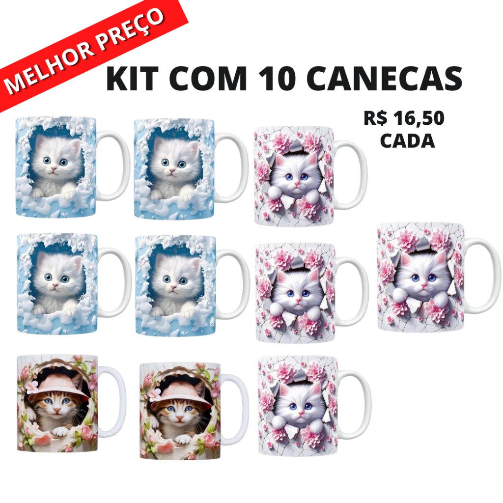Kit com 10 Canecas Gatinho personalizada impressão realista / caneca ceramica/ caneca estilo 3d Gatinho
