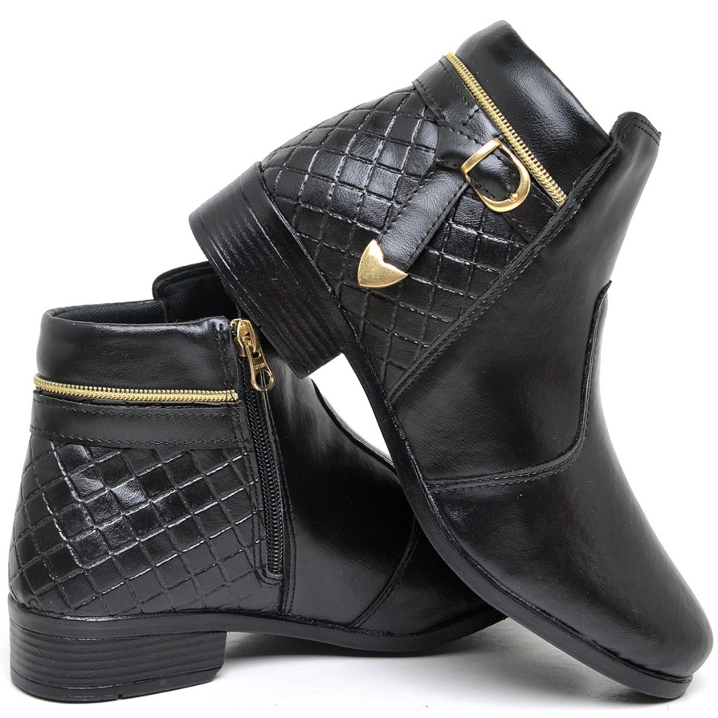 Bota Feminina Coturno Cano Baixo Preta com Metal Dourado de Coração Inverno