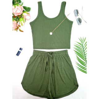 Conjuntos Cropped Top Simples básico Regata+Short Curto Malha Canelada Várias Cores