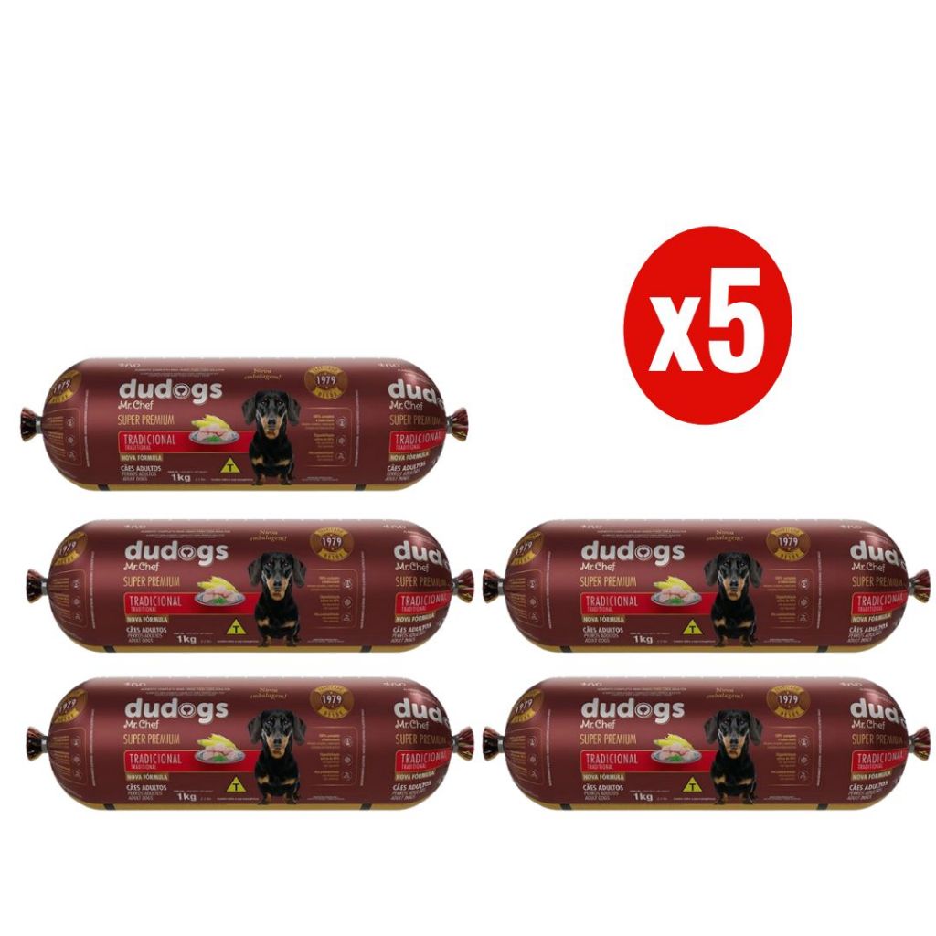 Kit 5 Dudogs Mr Chef Tradicional Ração Semi Úmida para Cães 1Kg FVO - Pets