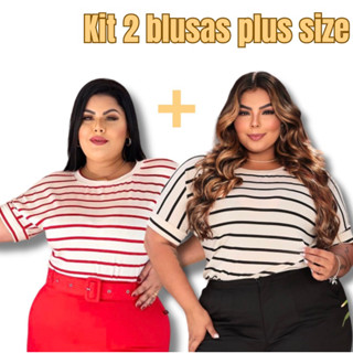 Kit 2 Blusa Plus Size Listrada Manga Curta Feminina Camiseta Plus Size Baby Look GG XXG