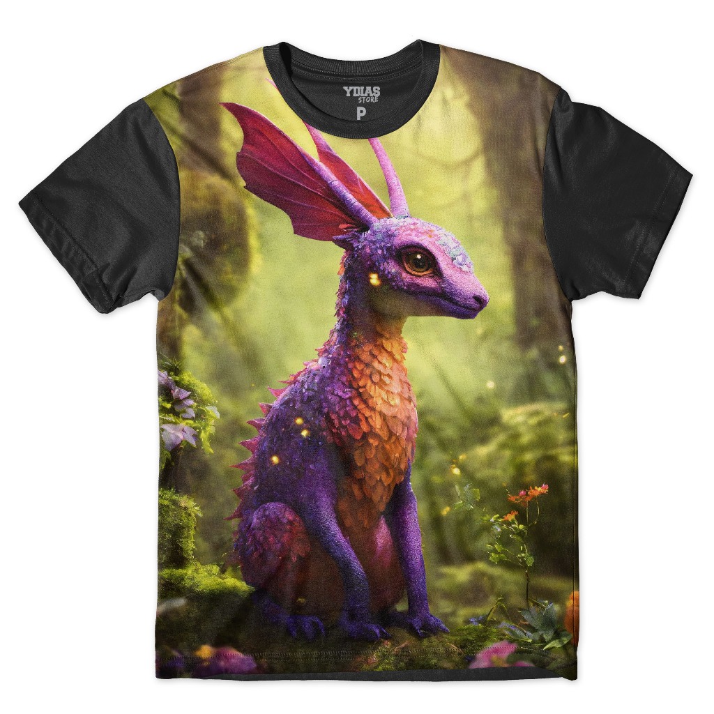 Camiseta Infantil Estampada Dinossauro Reino Floresta Magica Desenho Criança Fantasia Colors Kids