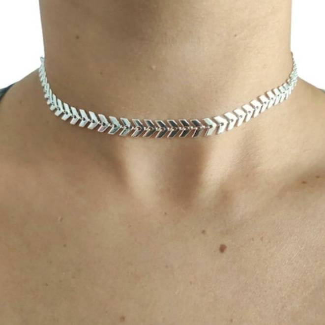 Colar Choker Escama De Peixe Tendência Prata Banhado A Ródio