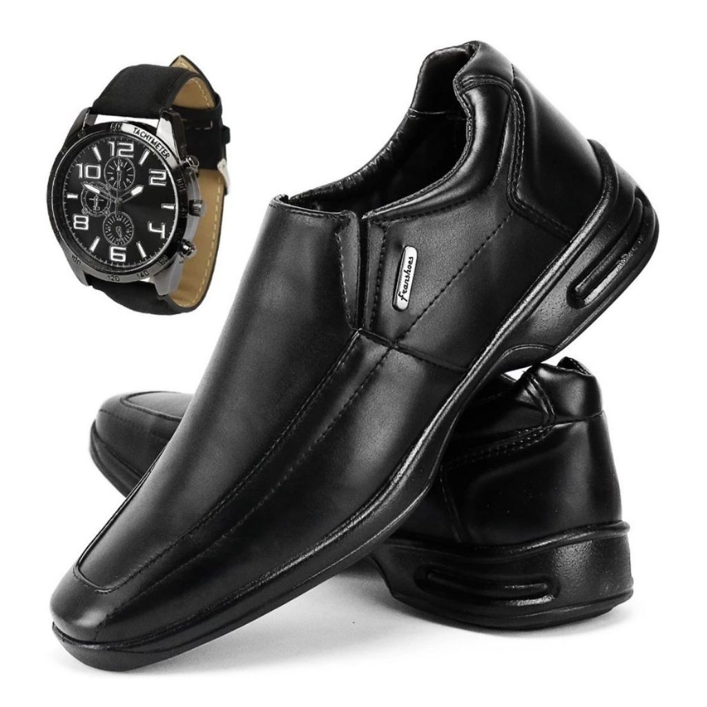 Sapato Social Masculina Ortopédico Preto e Marrom Sola Macia Leve e Confortável + Relógio