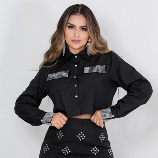 Camisa Cropped Social Feminina de Botão Strass e Lapela com Pedrarias