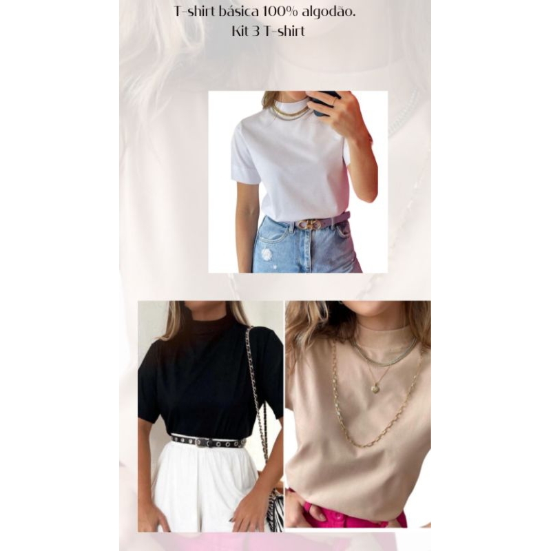 kit 3 Blusa básica feminina gola ribana