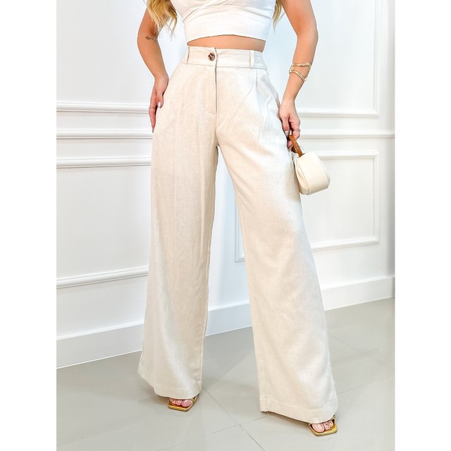 EMILI -CALCA FEMININA LINHO PANTALONA FLUIR/CINTURA ALTA/ ZIPER E BOTÕES/ PANTALONA AMPLA NA PERNA.- #9377