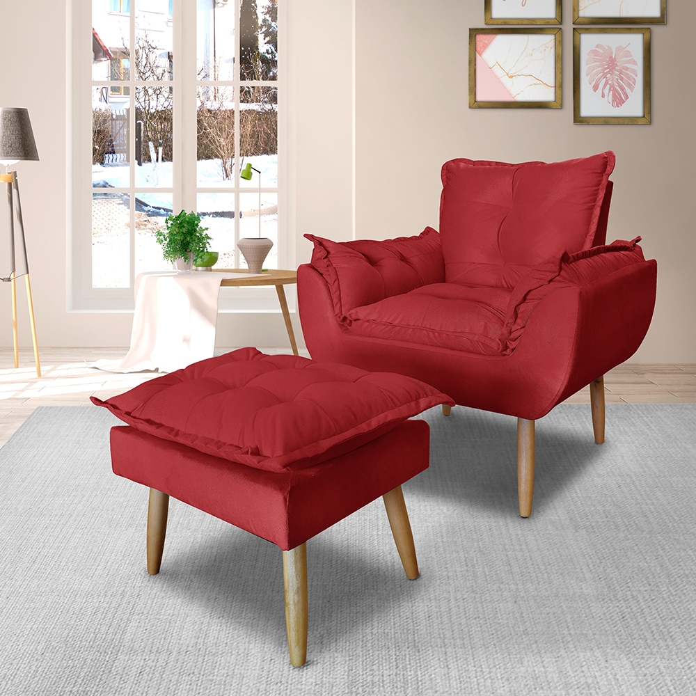 Poltrona + puff decorativo pés palito vermelho