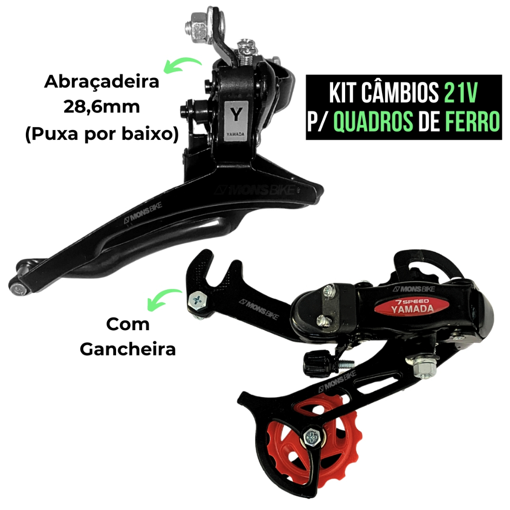 Câmbio Traseiro 7v Gancheira + Câmbio Dianteiro Down Pull 28,6mm Yamada