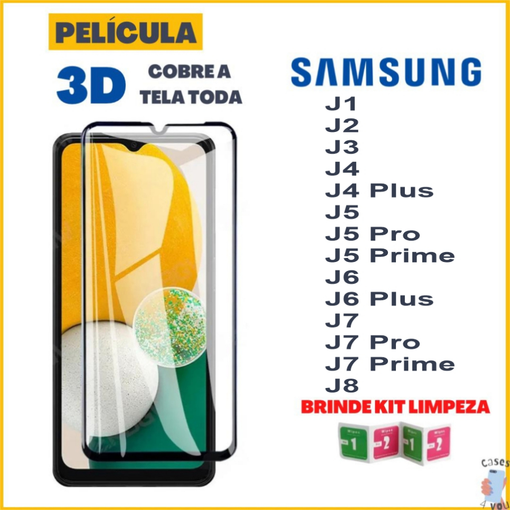 Película De Vidro 3D Frontal Samsung J1 J2 J3 J4 Plus J5 Prime J5 Pro J6 Plus J7 Prime J7 Pro J8