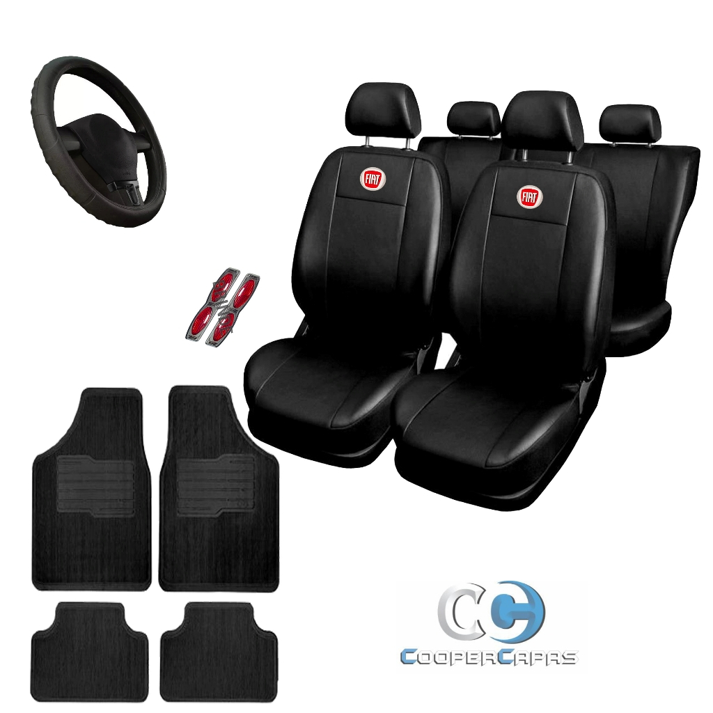 Kit Capa Banco Carro Automotivo Couro Fiat Uno Palio Punto Siena Com Capa de Volante E Tapete 4PÇS