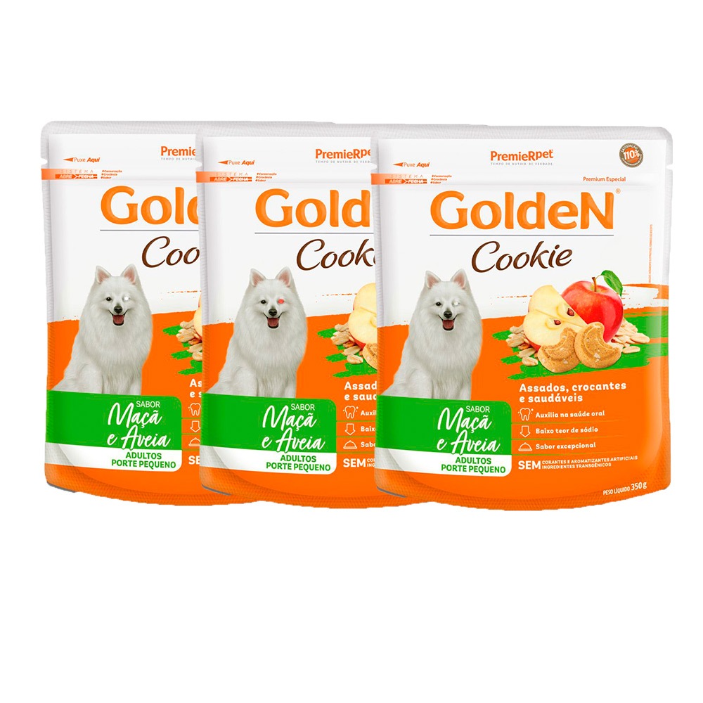 Kit com 3 Biscoito Petisco Golden Cookie Maça E Aveia 350G