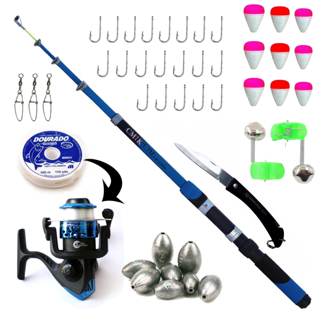 Kit Pescaria Completo Vara Molinete Anzol Boia Isca e Sino