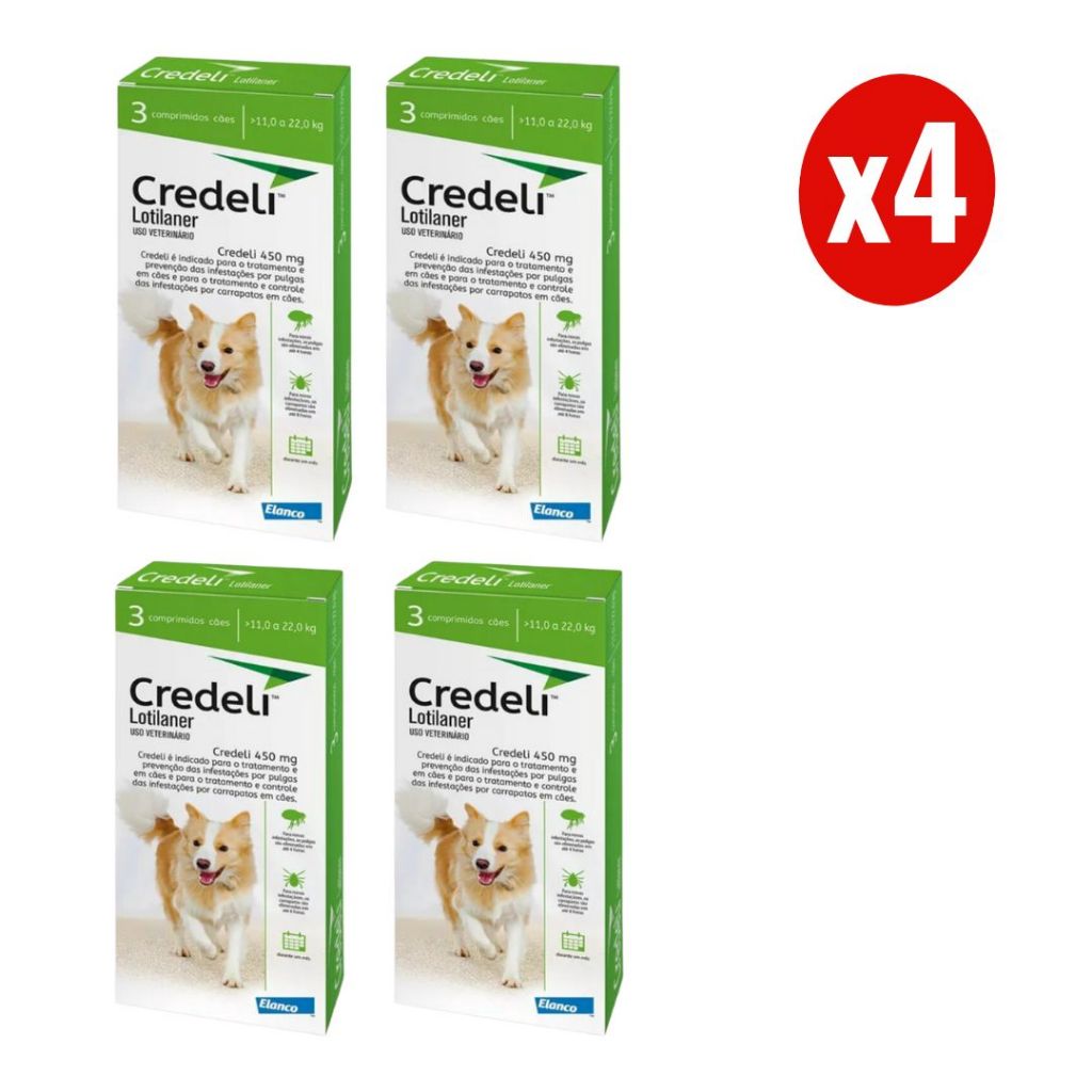 Kit 4 Credeli Antipulgas e Carrapatos Cães de 11 a 22kg 450mg 3 Comprimidos Elanco